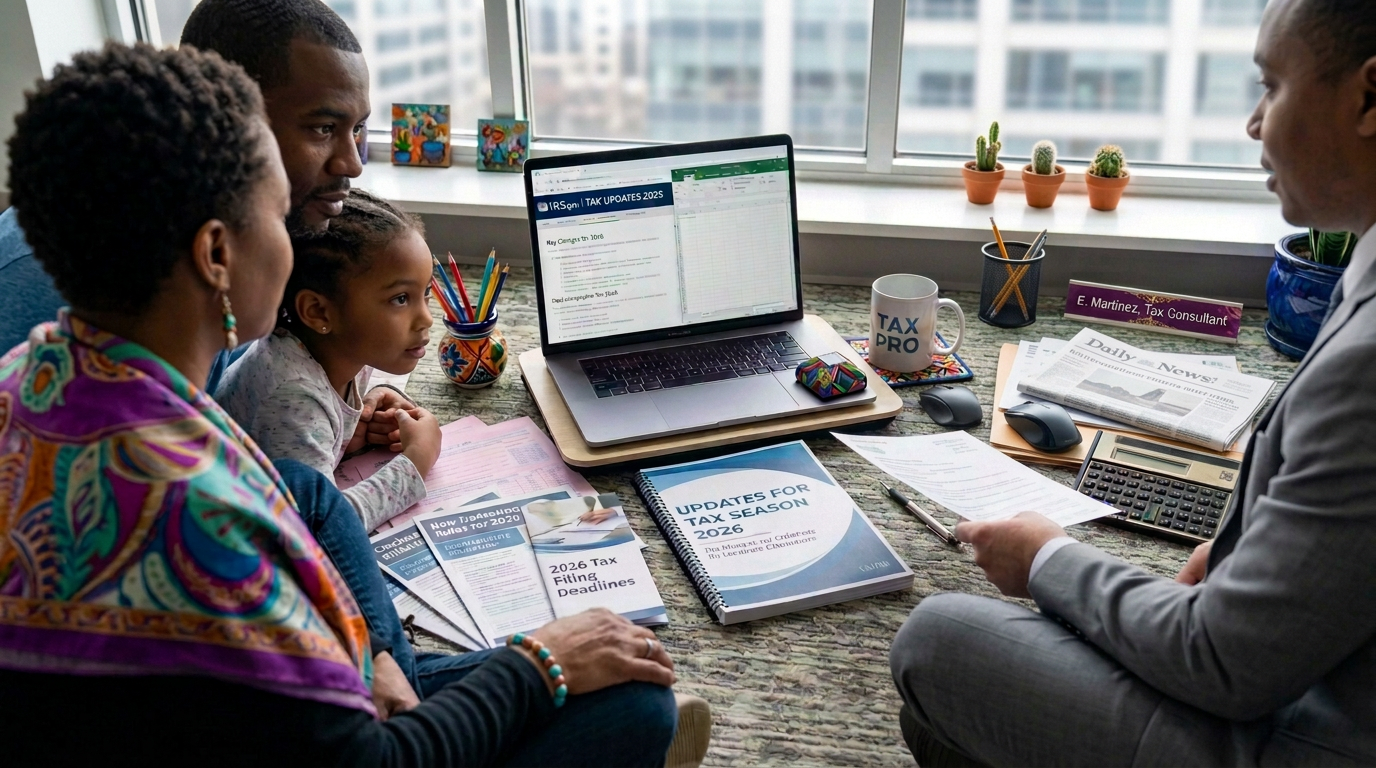 Laptop displaying IRS.gov Tax Updates 2026 beside tax forms and an updates guide
